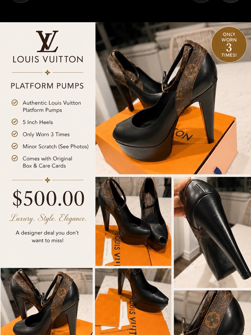 Louis Vuitton Black Leather Platform Pumps with Monogram Accent